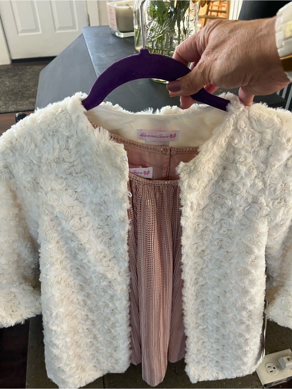 Bonnie Jean Cream Rosette Faux-Fur Jacket with Pink Lining Accent